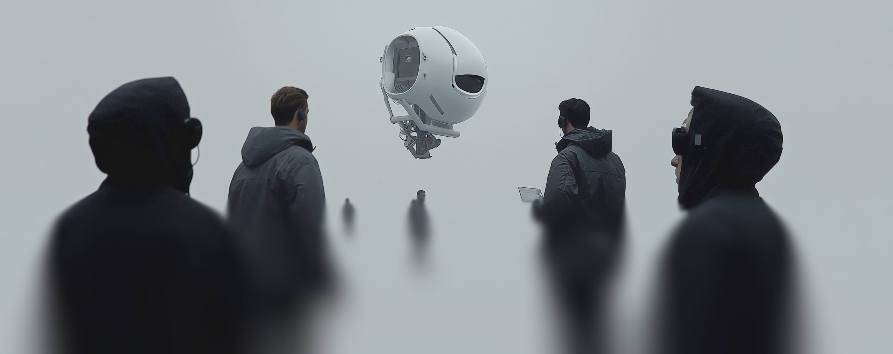 A group of people standing in front of a robot.